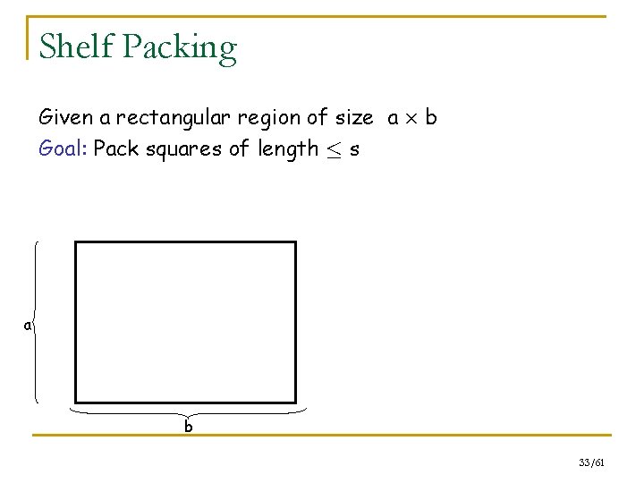 Shelf Packing Given a rectangular region of size a £ b Goal: Pack squares