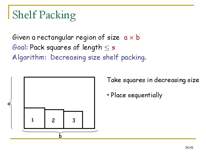 Shelf Packing Given a rectangular region of size a £ b Goal: Pack squares