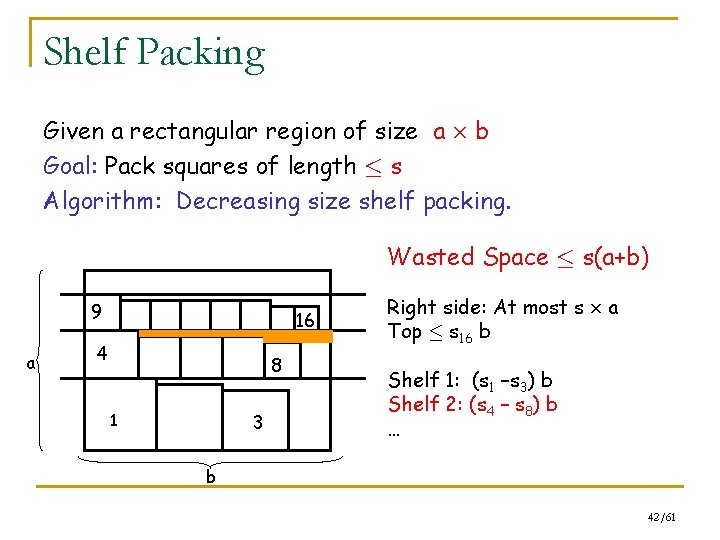 Shelf Packing Given a rectangular region of size a £ b Goal: Pack squares