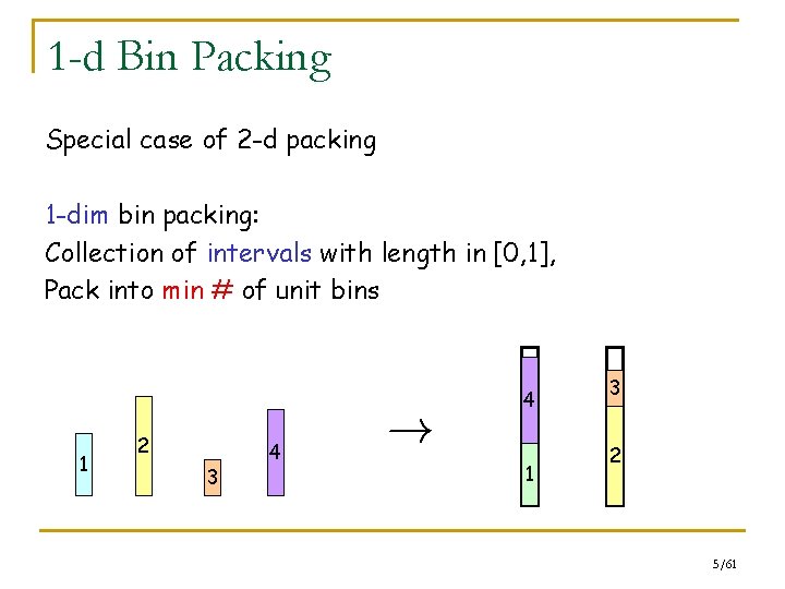 1 -d Bin Packing Special case of 2 -d packing 1 -dim bin packing: