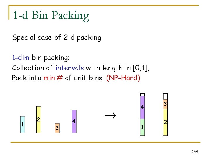 1 -d Bin Packing Special case of 2 -d packing 1 -dim bin packing: