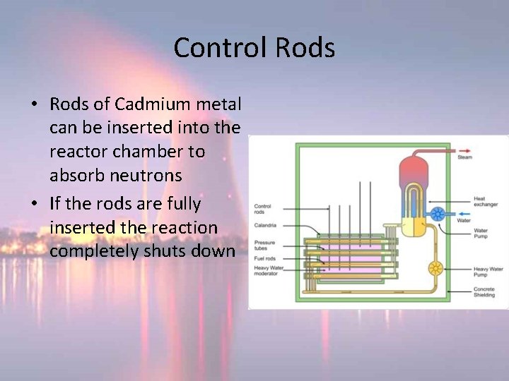 Control Rods • Rods of Cadmium metal can be inserted into the reactor chamber Control Rods • Rods of Cadmium metal can be inserted into the reactor chamber