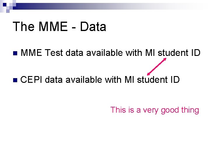 The MME - Data n MME Test data available with MI student ID n