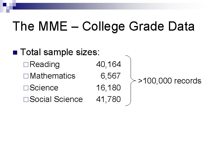 The MME – College Grade Data n Total sample sizes: ¨ Reading ¨ Mathematics