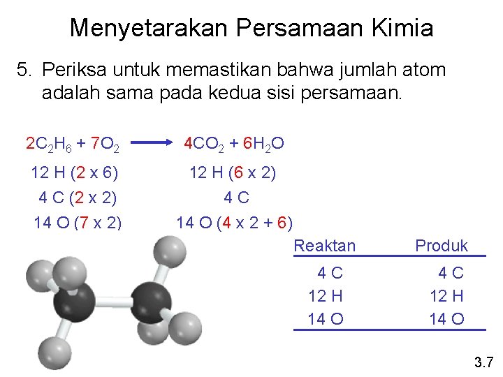 Menyetarakan Persamaan Kimia 5. Periksa untuk memastikan bahwa jumlah atom adalah sama pada kedua