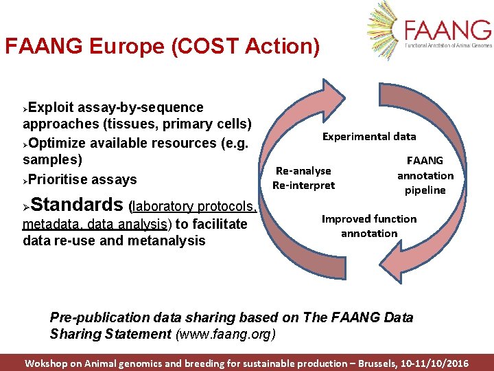 FAANG Europe (COST Action) Exploit assay-by-sequence approaches (tissues, primary cells) ØOptimize available resources (e.