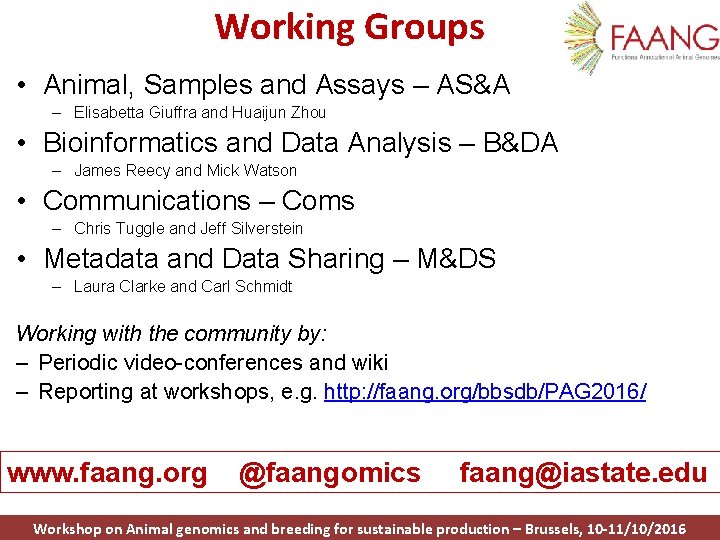 Working Groups • Animal, Samples and Assays – AS&A – Elisabetta Giuffra and Huaijun