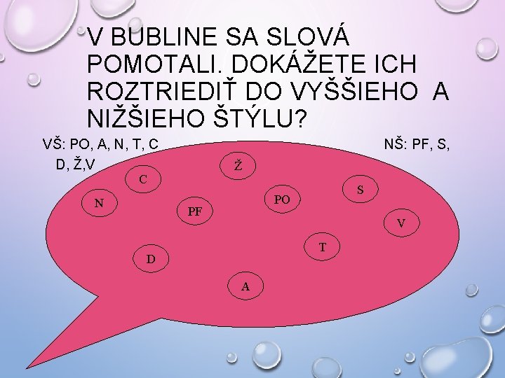 V BUBLINE SA SLOVÁ POMOTALI. DOKÁŽETE ICH ROZTRIEDIŤ DO VYŠŠIEHO A NIŽŠIEHO ŠTÝLU? VŠ: