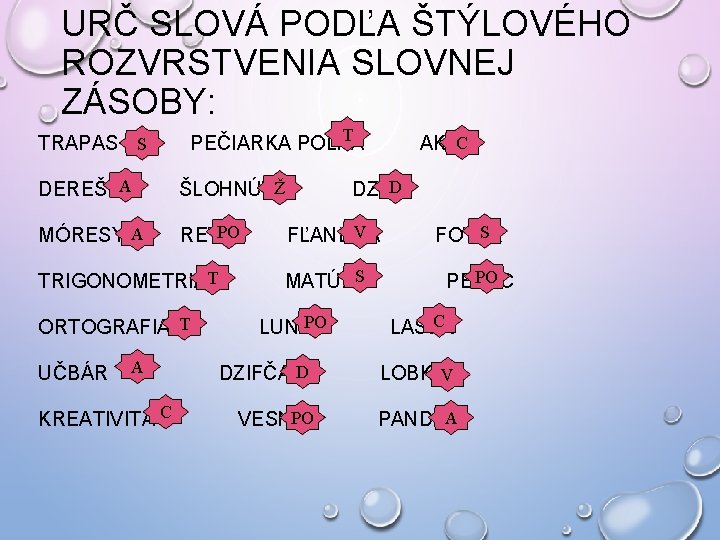 URČ SLOVÁ PODĽA ŠTÝLOVÉHO ROZVRSTVENIA SLOVNEJ ZÁSOBY: T PEČIARKA POĽNÁ TRAPAS S DEREŠ A