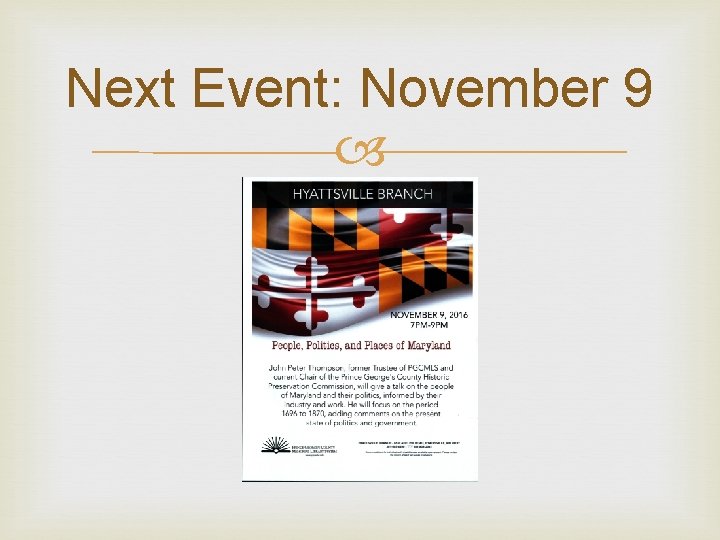 Next Event: November 9 