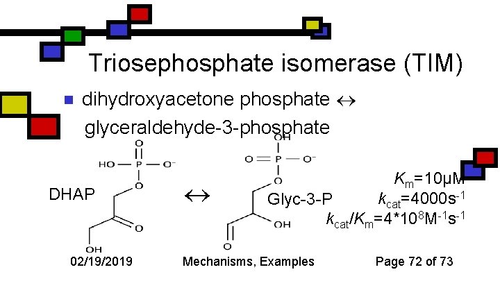 Triosephosphate isomerase (TIM) n dihydroxyacetone phosphate glyceraldehyde-3 -phosphate DHAP 02/19/2019 Km=10µM kcat=4000 s-1 Glyc-3