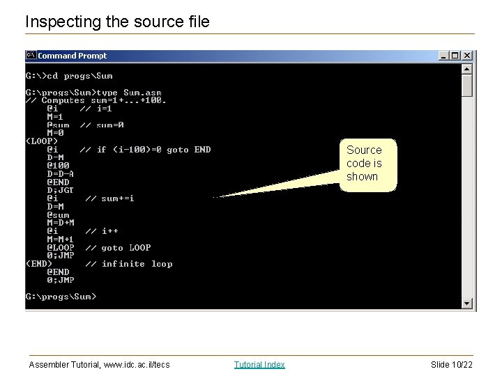 Inspecting the source file Source code is shown Assembler Tutorial, www. idc. ac. il/tecs
