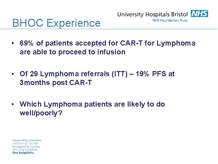 BHOC Experience • 69% of patients accepted for CAR-T for Lymphoma are able to