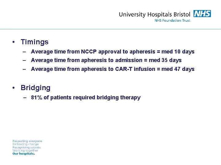  • Timings – Average time from NCCP approval to apheresis = med 10