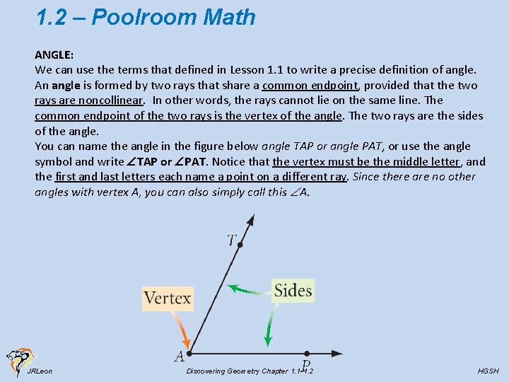 1. 2 – Poolroom Math ANGLE: We can use the terms that defined in
