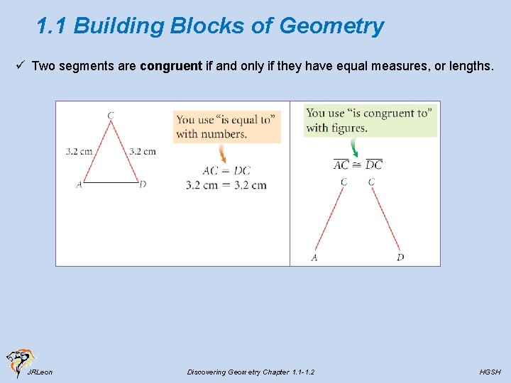 1. 1 Building Blocks of Geometry ü Two segments are congruent if and only