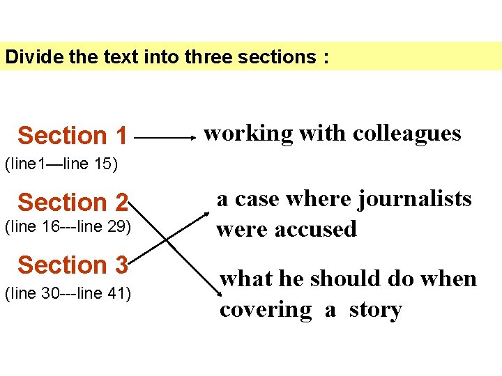 Divide the text into three sections : Section 1 working with colleagues (line 1—line