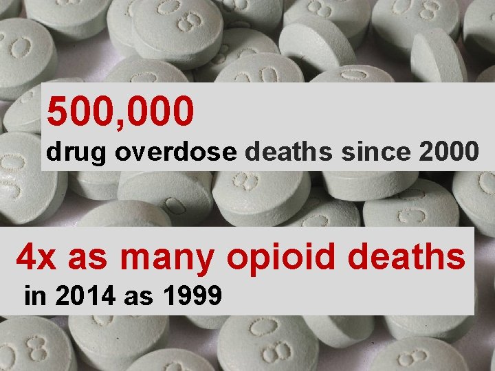 500, 000 drug overdose deaths since 2000 4 x as many opioid deaths in