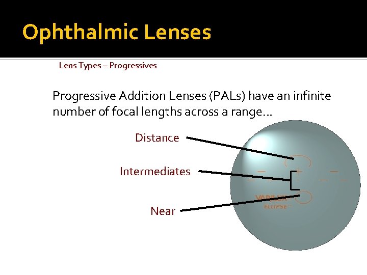 Ophthalmic Lenses Lens Types – Progressives Progressive Addition Lenses (PALs) have an infinite number