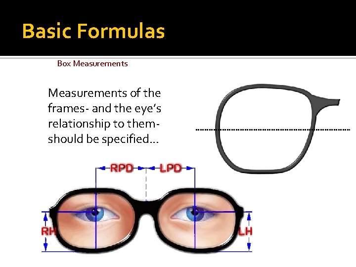Basic Formulas Box Measurements of the frames- and the eye’s relationship to themshould be