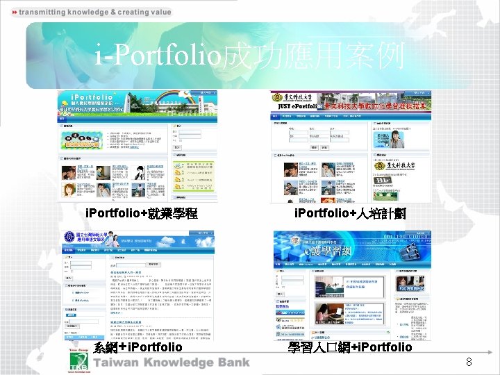 i-Portfolio成功應用案例 i. Portfolio+就業學程 系網+i. Portfolio+人培計劃 學習入口網+i. Portfolio 8 