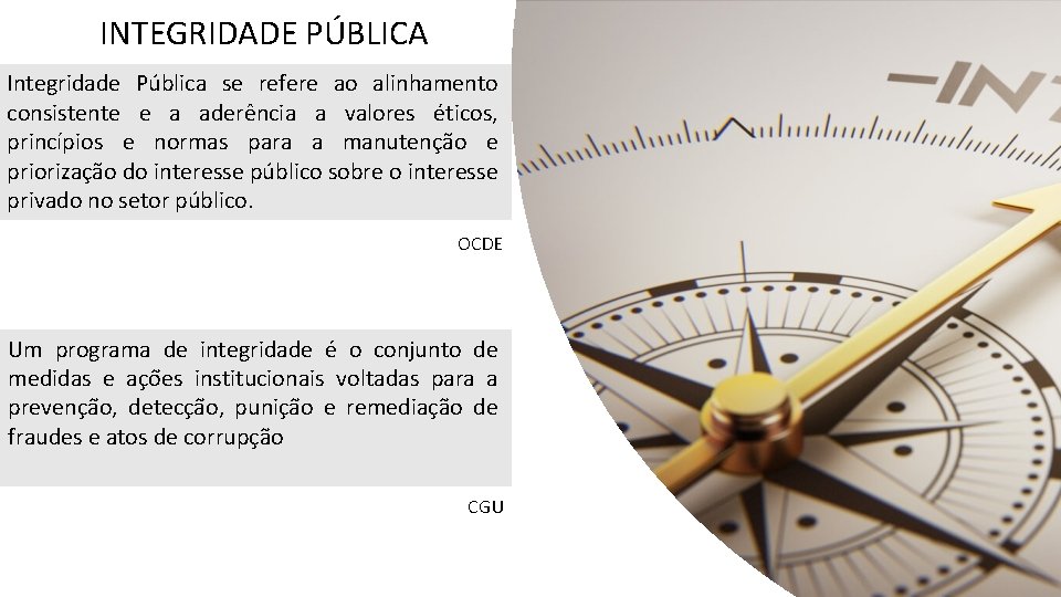 INTEGRIDADE PÚBLICA Integridade Pública se refere ao alinhamento consistente e a aderência a valores