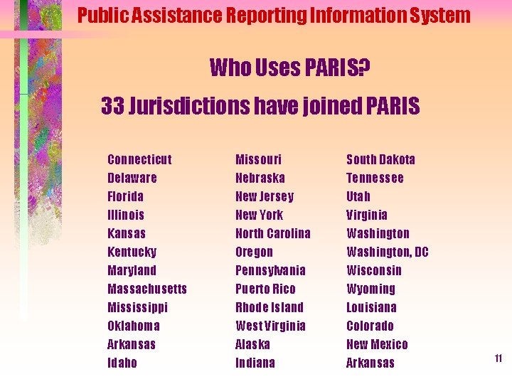 Public Assistance Reporting Information System Who Uses PARIS? 33 Jurisdictions have joined PARIS Connecticut