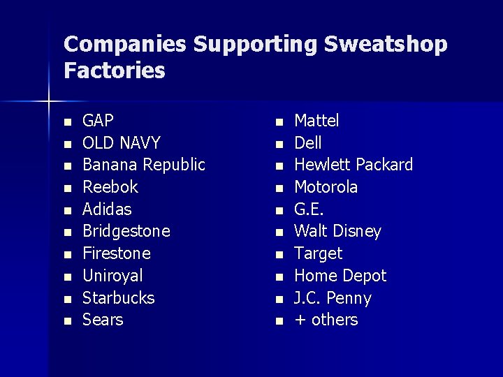 Companies Supporting Sweatshop Factories n n n n n GAP OLD NAVY Banana Republic