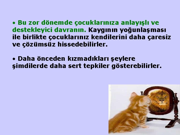  • Bu zor dönemde çocuklarınıza anlayışlı ve destekleyici davranın. Kaygının yoğunlaşması ile birlikte