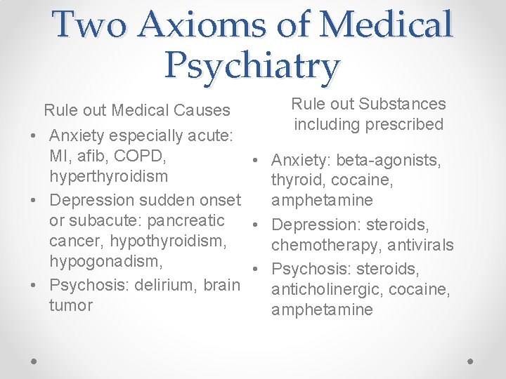 Two Axioms of Medical Psychiatry Rule out Medical Causes Rule out Substances including prescribed