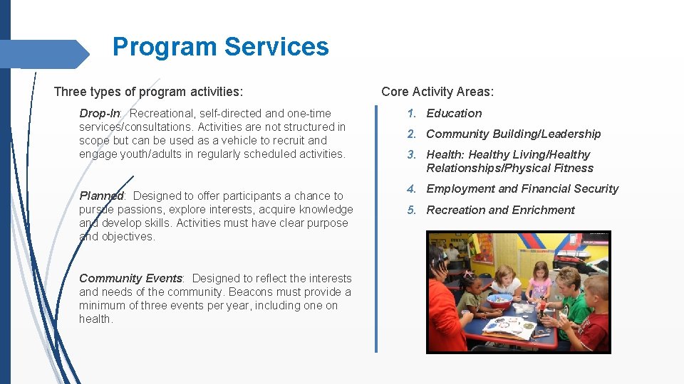Program Services Three types of program activities: Drop-In: Recreational, self-directed and one-time services/consultations. Activities