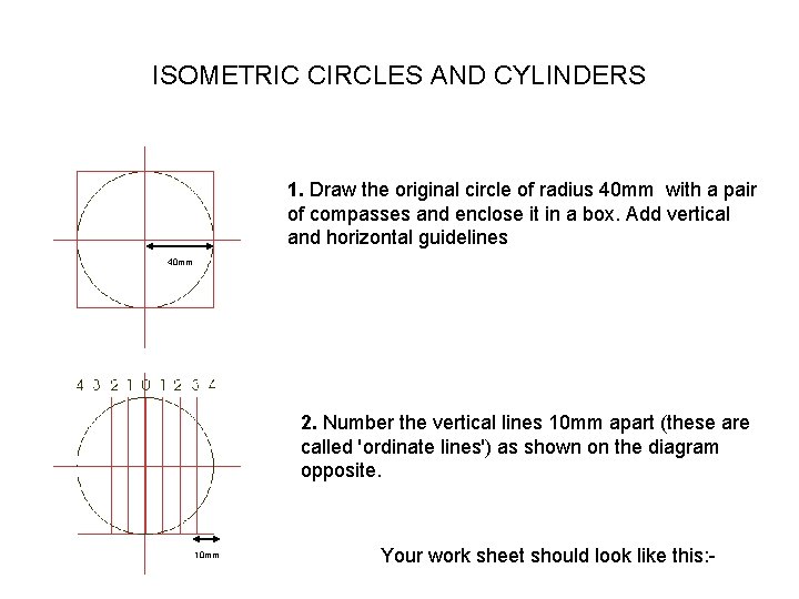 ISOMETRIC CIRCLES AND CYLINDERS 1. Draw the original circle of radius 40 mm with