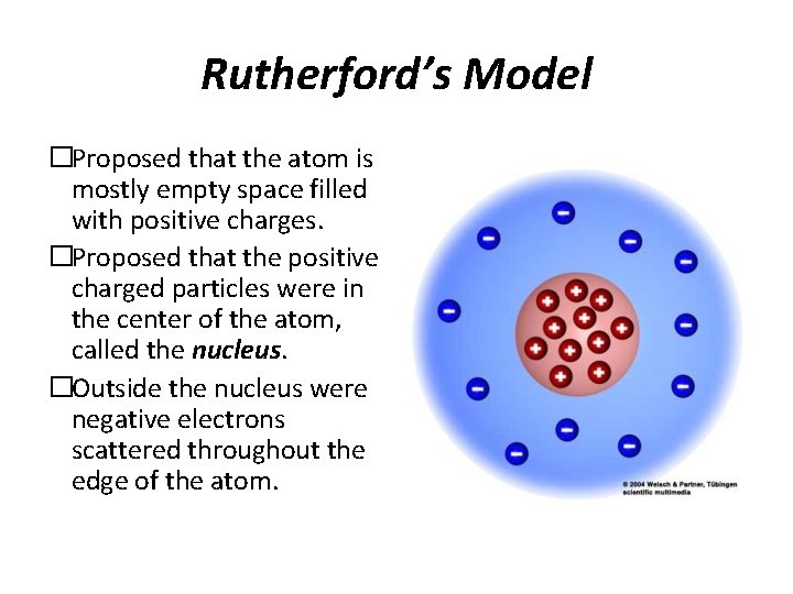 Rutherford’s Model �Proposed that the atom is mostly empty space filled with positive charges.