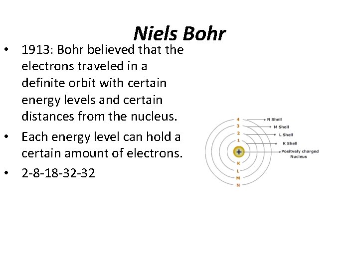 Niels Bohr • 1913: Bohr believed that the electrons traveled in a definite orbit