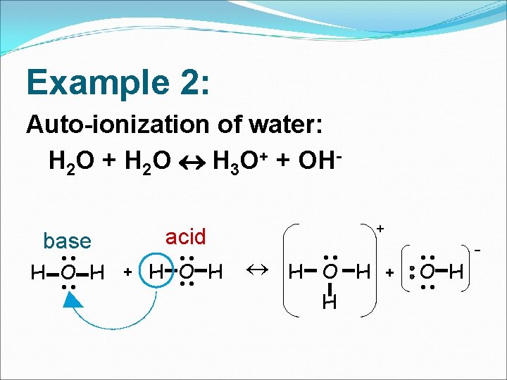 Example 2: Auto-ionization of water: H 2 O + H 2 O H 3