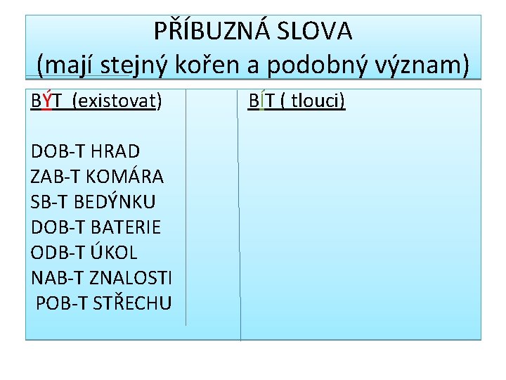 PŘÍBUZNÁ SLOVA (mají stejný kořen a podobný význam) BÝT (existovat) DOB-T HRAD ZAB-T KOMÁRA