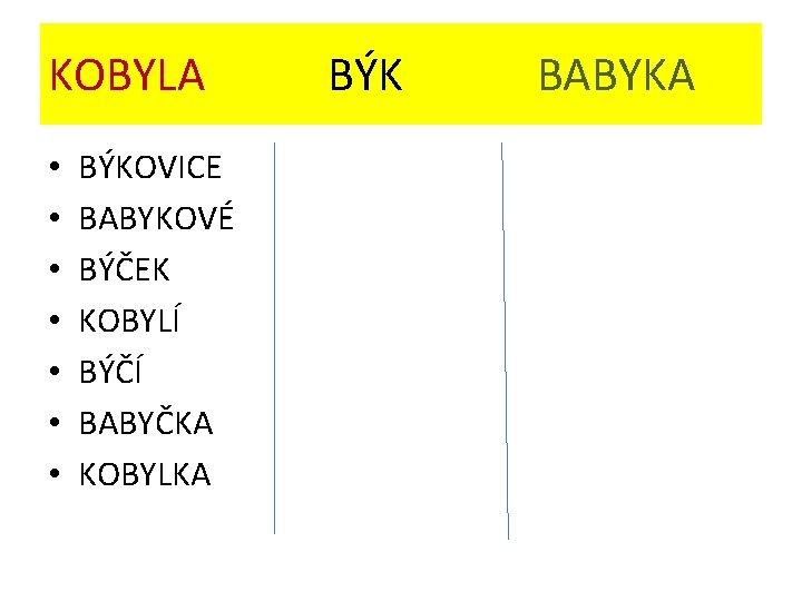 KOBYLA • • BÝKOVICE BABYKOVÉ BÝČEK KOBYLÍ BÝČÍ BABYČKA KOBYLKA BÝK BABYKA 