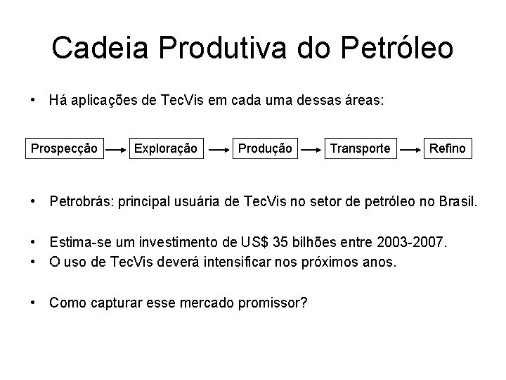 Cadeia Produtiva do Petróleo • Há aplicações de Tec. Vis em cada uma dessas