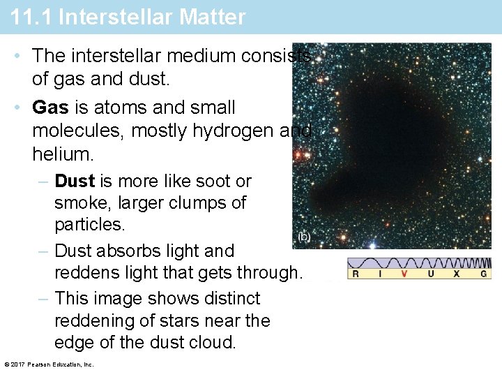 11. 1 Interstellar Matter • The interstellar medium consists of gas and dust. •