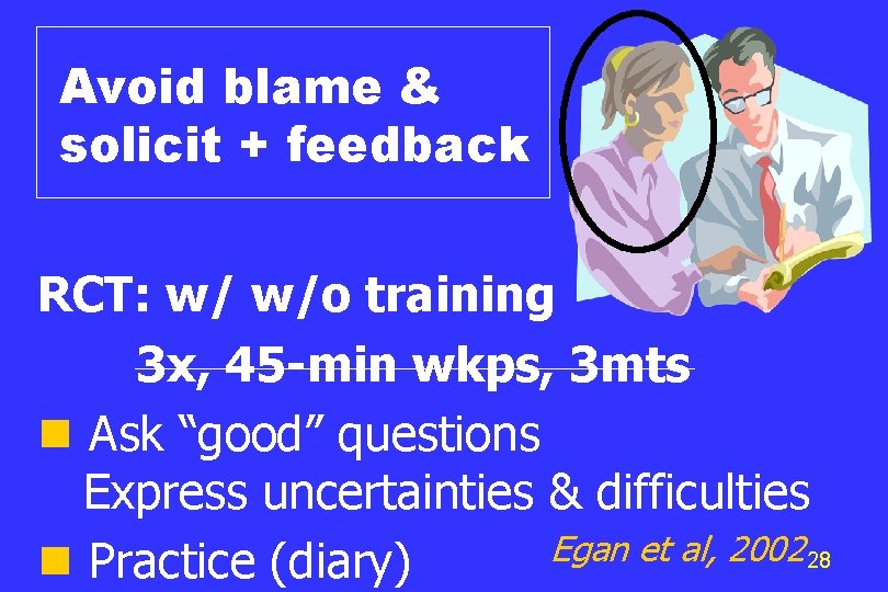 Avoid blame & solicit + feedback RCT: w/ w/o training 3 x, 45 -min