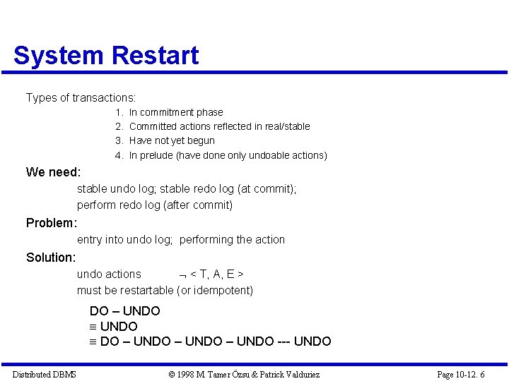 System Restart Types of transactions: 1. 2. 3. 4. In commitment phase Committed actions System Restart Types of transactions: 1. 2. 3. 4. In commitment phase Committed actions