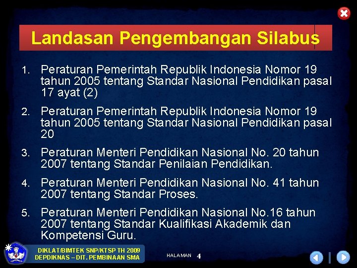 Landasan Pengembangan Silabus 1. Peraturan Pemerintah Republik Indonesia Nomor 19 tahun 2005 tentang Standar