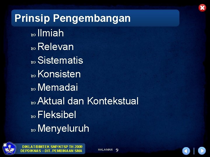 Prinsip Pengembangan Ilmiah Relevan Sistematis Konsisten Memadai Aktual dan Kontekstual Fleksibel Menyeluruh DIKLAT/BIMTEK SNP/KTSP