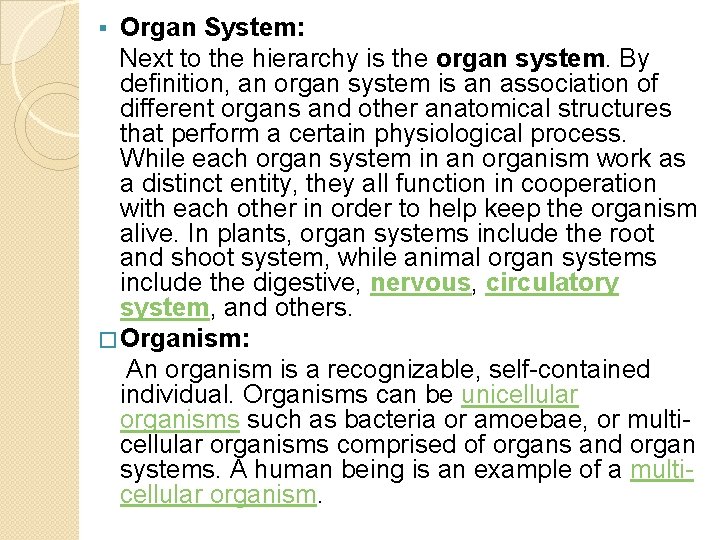 Organ System: Next to the hierarchy is the organ system. By definition, an organ