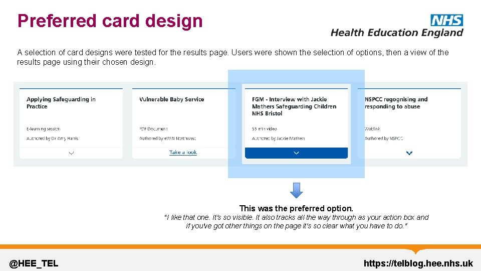 Preferred card design A selection of card designs were tested for the results page.