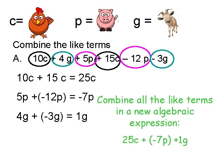 c= p= g= Combine the like terms A. 10 c + 4 g +