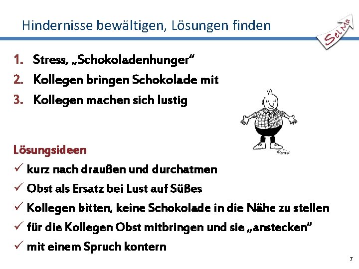 Hindernisse bewältigen, Lösungen finden 1. Stress, „Schokoladenhunger“ 2. Kollegen bringen Schokolade mit 3. Kollegen