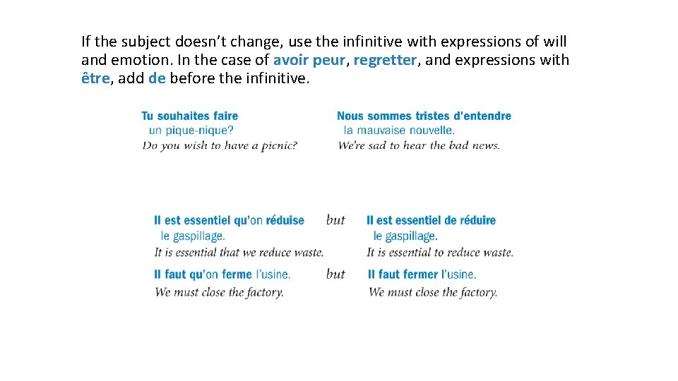 If the subject doesn’t change, use the infinitive with expressions of will and emotion.