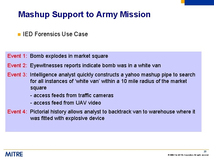 Mashup Support to Army Mission n IED Forensics Use Case Event 1: Bomb explodes