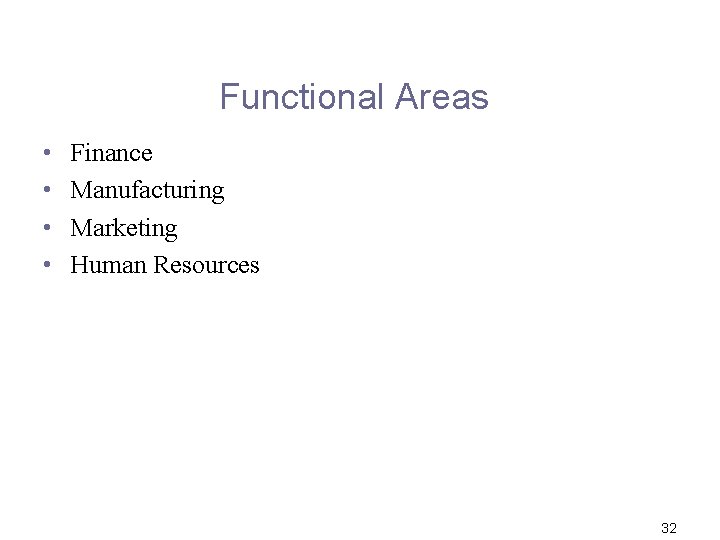 Functional Areas • • Finance Manufacturing Marketing Human Resources 32 